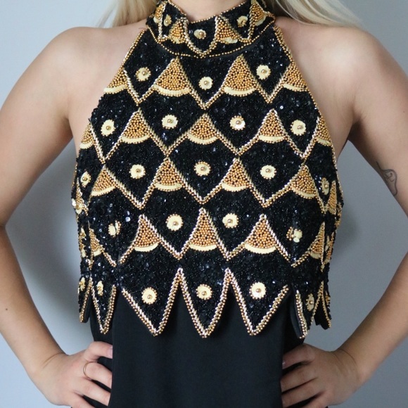 Black & gold glamorous vintage sequined gown - Picture 3 of 7